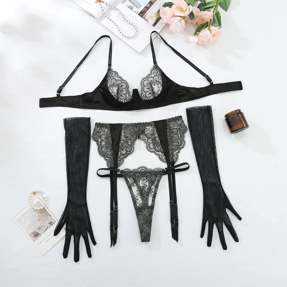 Toucheart 4 Piece Set Embroidered Lace Erotic Backless Lingerie Mesh Lace See-Through Lingerie Set