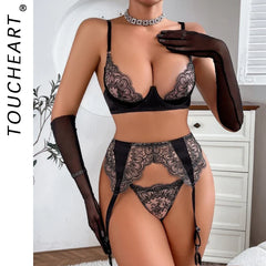 Toucheart 4 Piece Set Embroidered Lace Erotic Backless Lingerie Mesh Lace See-Through Lingerie Set
