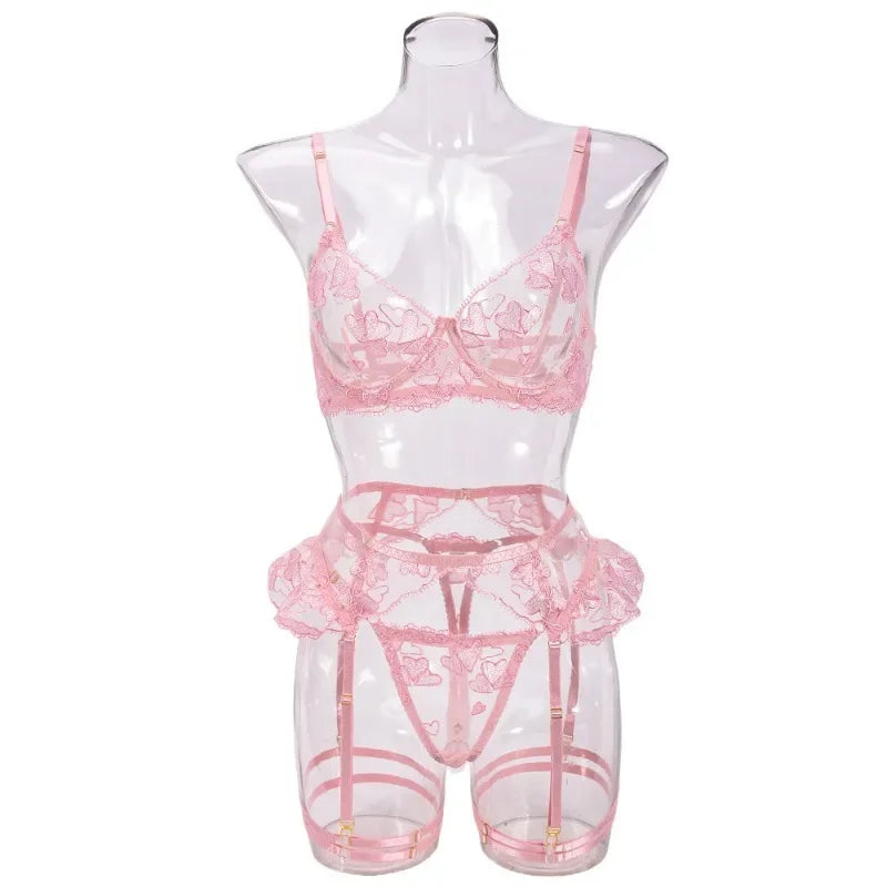 Toucheart 4 Piece Set Embroidery Underwear Set Solid Color Mesh See-through Lace Garters Underwear Set