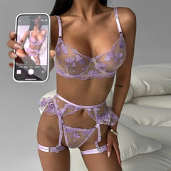 Toucheart 4 Piece Set Embroidery Underwear Set Solid Color Mesh See-through Lace Garters Underwear Set