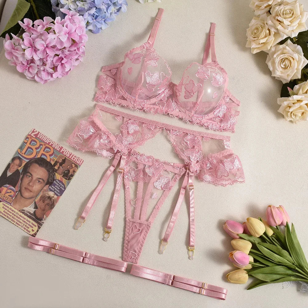 Toucheart 4 Piece Set Embroidery Underwear Set Solid Color Mesh See-through Lace Garters Underwear Set