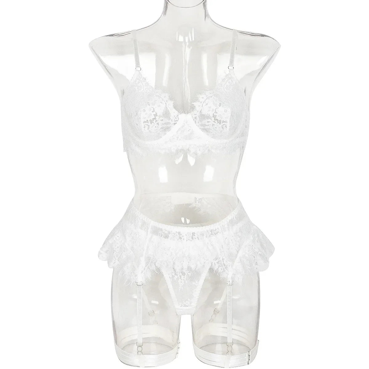 Toucheart 4 Piece Set Lace Underwear Set Mesh See-Through Garters Solid Color Underwear Lingerie Set