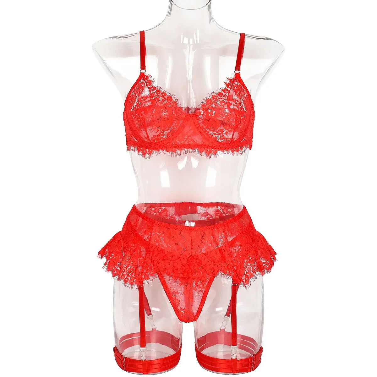 Toucheart 4 Piece Set Lace Underwear Set Mesh See-Through Garters Solid Color Underwear Lingerie Set