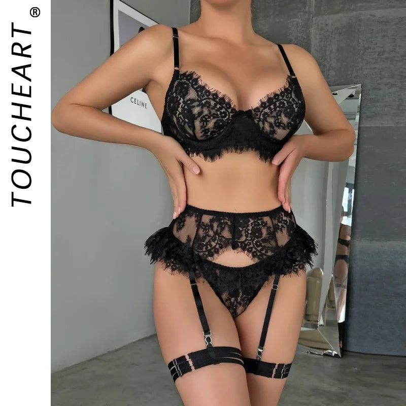 Toucheart 4 Piece Set Lace Underwear Set Mesh See-Through Garters Solid Color Underwear Lingerie Set