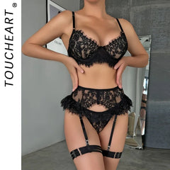 Toucheart 4 Piece Set Lace Underwear Set Mesh See-Through Garters Solid Color Underwear Lingerie Set