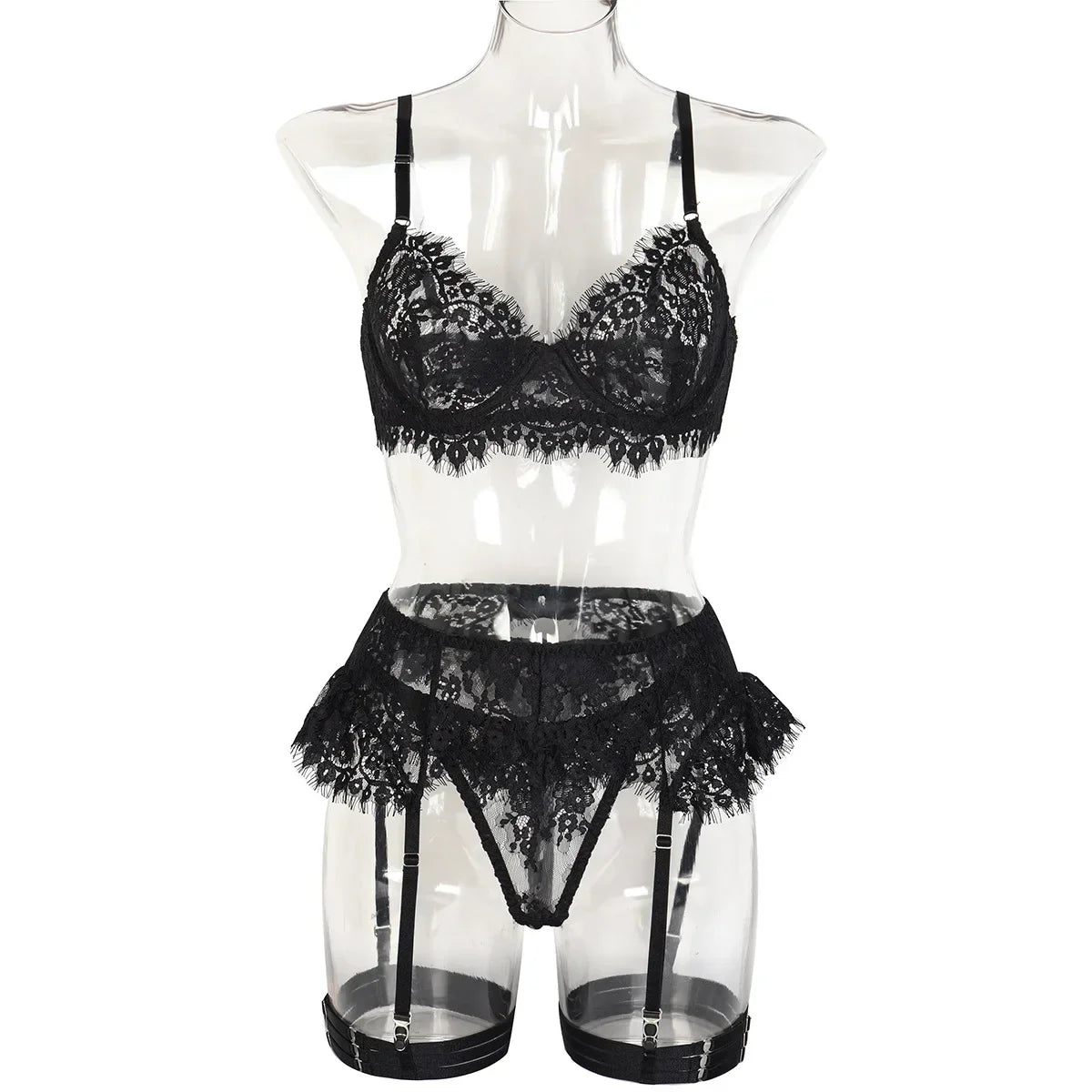 Toucheart 4 Piece Set Lace Underwear Set Mesh See-Through Garters Solid Color Underwear Lingerie Set