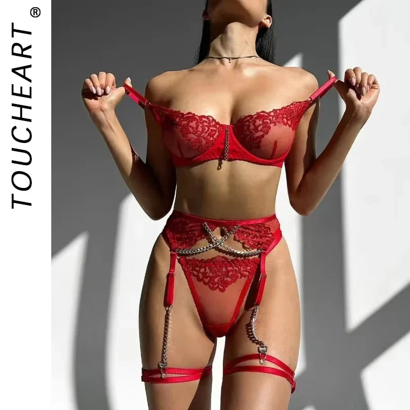 Toucheart 4-Piece Set Lingerie Metal Chain Embroidered Printing Perspective Lingerie Garter Kit Adult