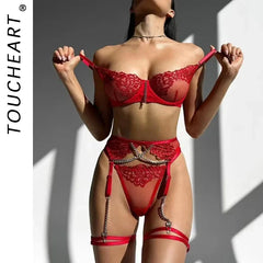 Toucheart 4-Piece Set Lingerie Metal Chain Embroidered Printing Perspective Lingerie Garter Kit Adult