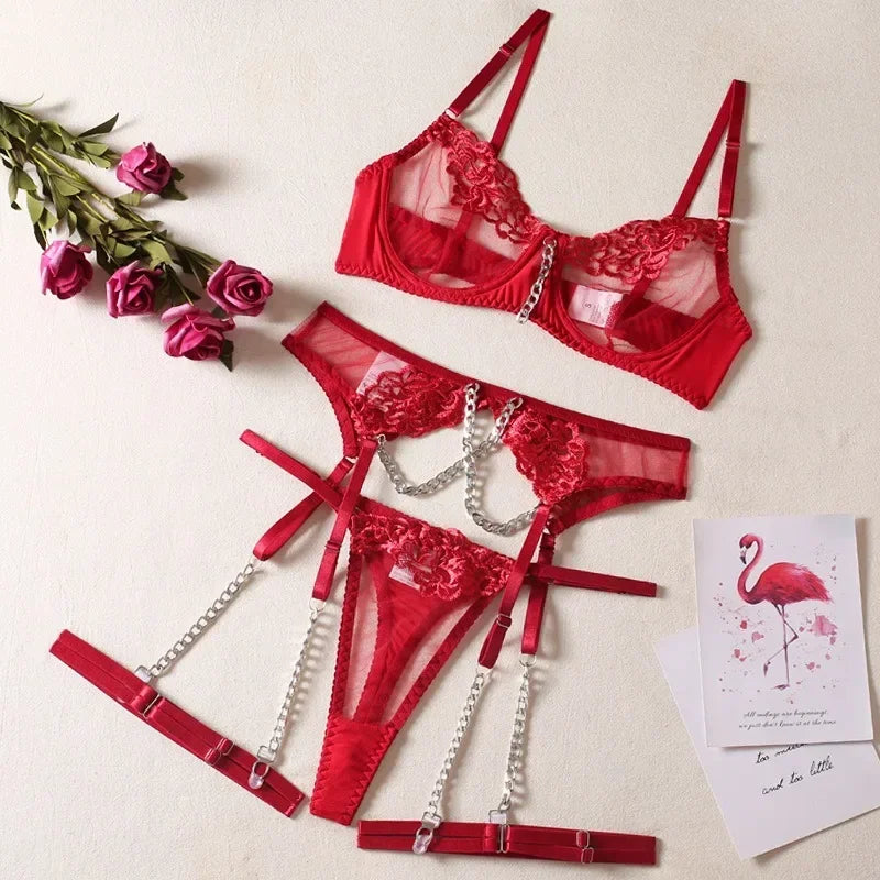 Toucheart 4-Piece Set Lingerie Metal Chain Embroidered Printing Perspective Lingerie Garter Kit Adult