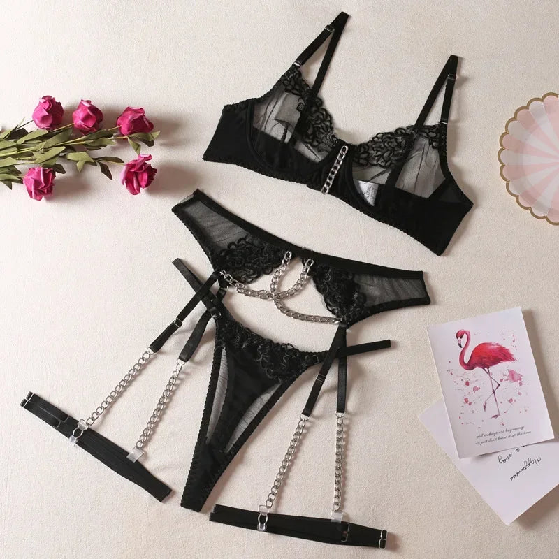 Toucheart 4-Piece Set Lingerie Metal Chain Embroidered Printing Perspective Lingerie Garter Kit Adult