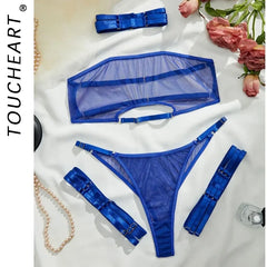 Toucheart 4 Piece Set Lingerie Set Elasticity Mesh See-Through Breast-Wrapping Three-Point Briefs Underwear