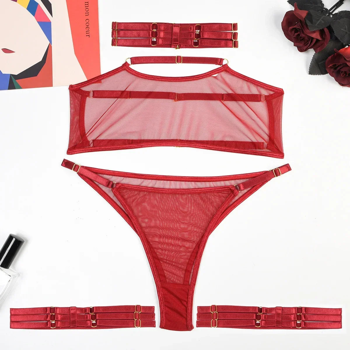 Toucheart 4 Piece Set Lingerie Set Elasticity Mesh See-Through Breast-Wrapping Three-Point Briefs Underwear