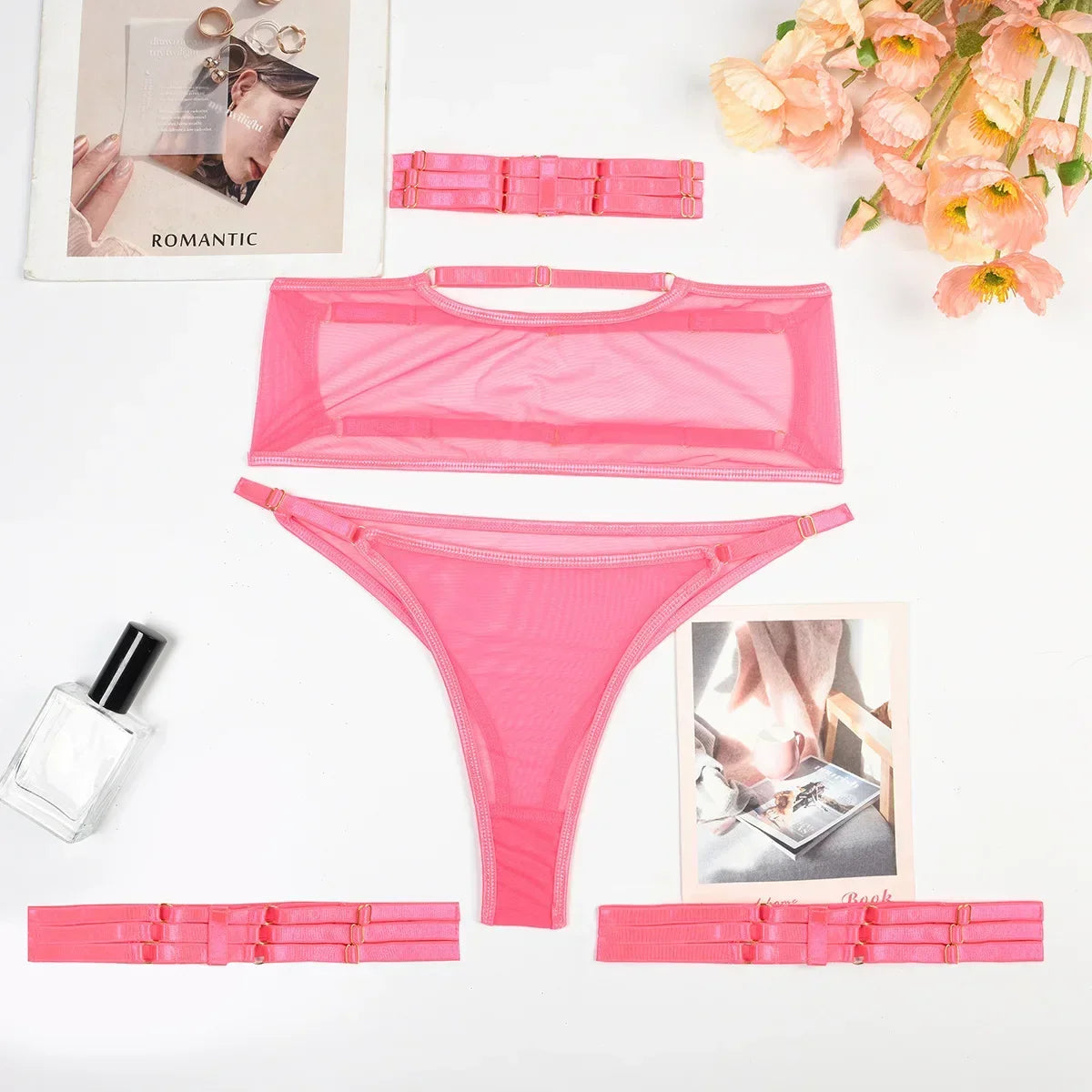 Toucheart 4 Piece Set Lingerie Set Elasticity Mesh See-Through Breast-Wrapping Three-Point Briefs Underwear