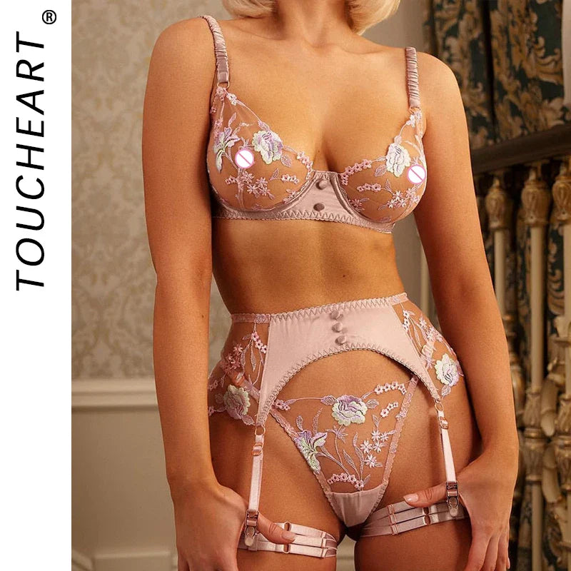 Toucheart 4-Piece Set Lingerie Set Embroidery Mesh See-Through Exotic Underwear Garter Belt Underwear Suit