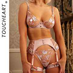 Toucheart 4-Piece Set Lingerie Set Embroidery Mesh See-Through Exotic Underwear Garter Belt Underwear Suit
