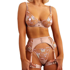 Toucheart 4-Piece Set Lingerie Set Embroidery Mesh See-Through Exotic Underwear Garter Belt Underwear Suit