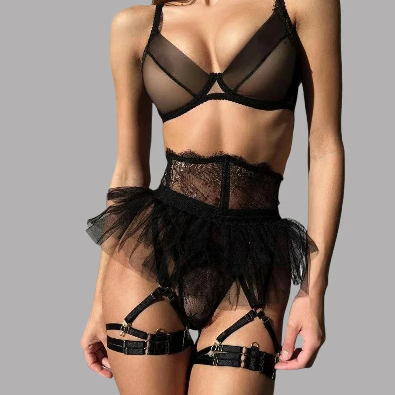 Toucheart 4 Piece Set Lingerie Set Lace Perspective Bra Mesh Ruffled Skirt Garter Socks Underwear Suit