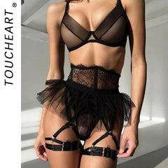 Toucheart 4 Piece Set Lingerie Set Lace Perspective Bra Mesh Ruffled Skirt Garter Socks Underwear Suit