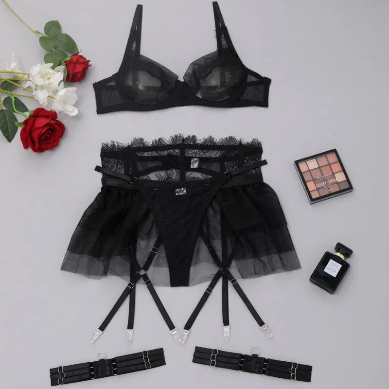 Toucheart 4 Piece Set Lingerie Set Lace Perspective Bra Mesh Ruffled Skirt Garter Socks Underwear Suit