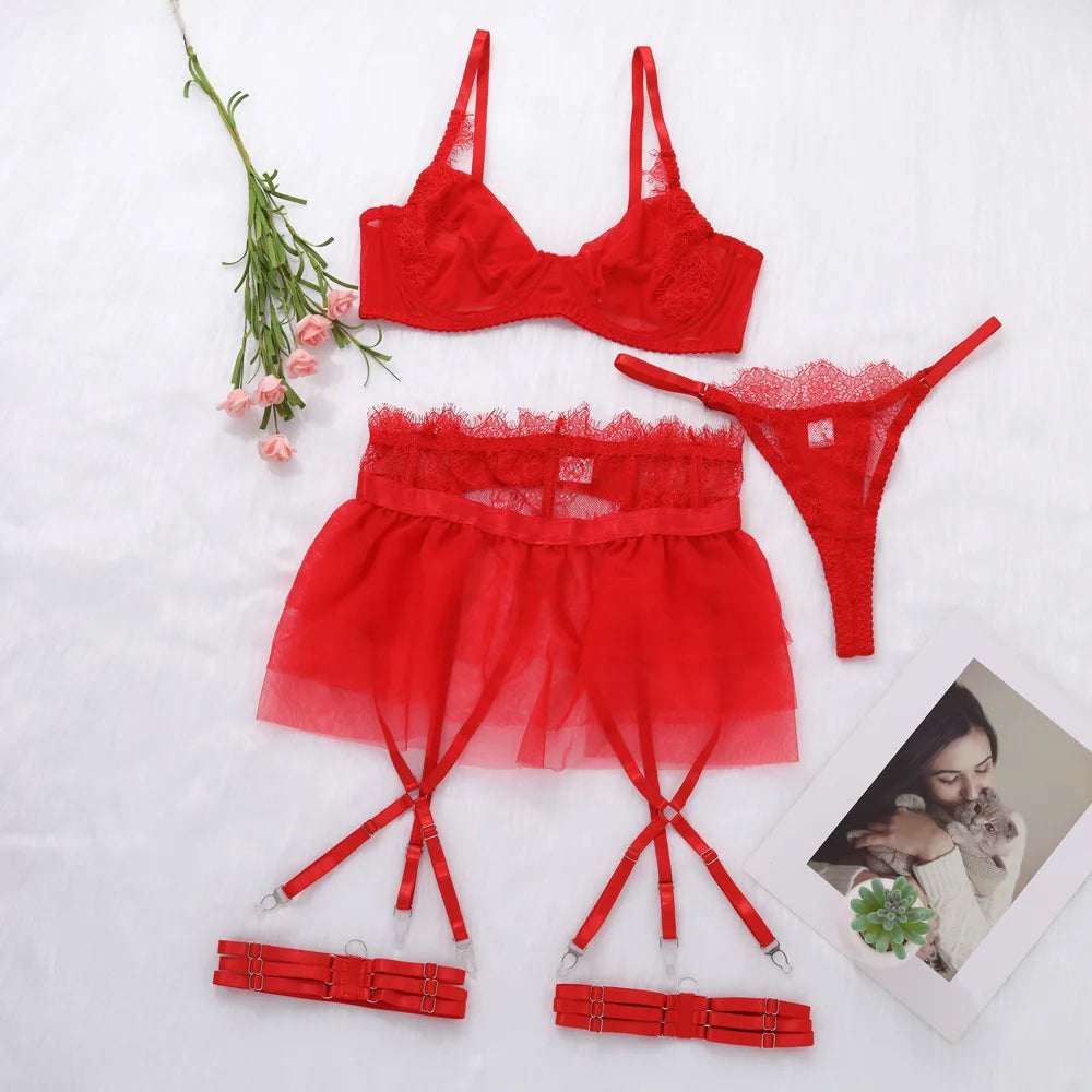 Toucheart 4 Piece Set Lingerie Set Lace Perspective Bra Mesh Ruffled Skirt Garter Socks Underwear Suit