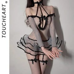 Toucheart 4 Piece Set Lingerie Fishnets Stocking Temptation Uniforms Stockings Open Jumpsuits Underwear