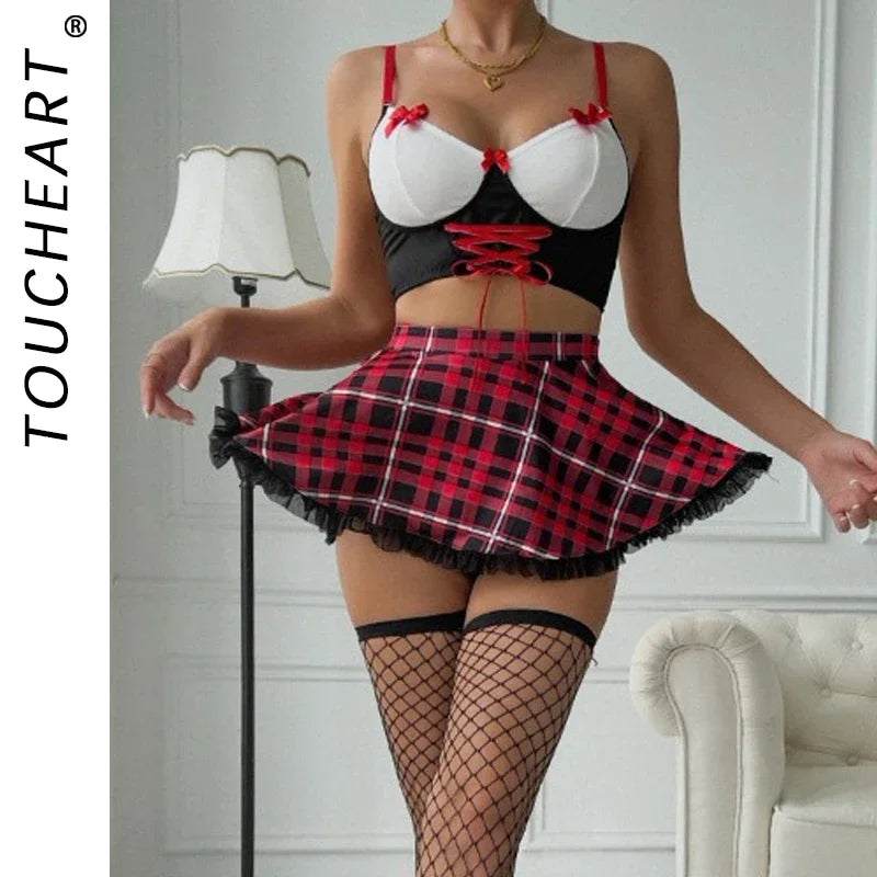 Toucheart 4 Piece Set Lingerie Suit Bow Knot Contrast Color Fishnet Stockings Uniform Set Lace Ruched Skirt Suit
