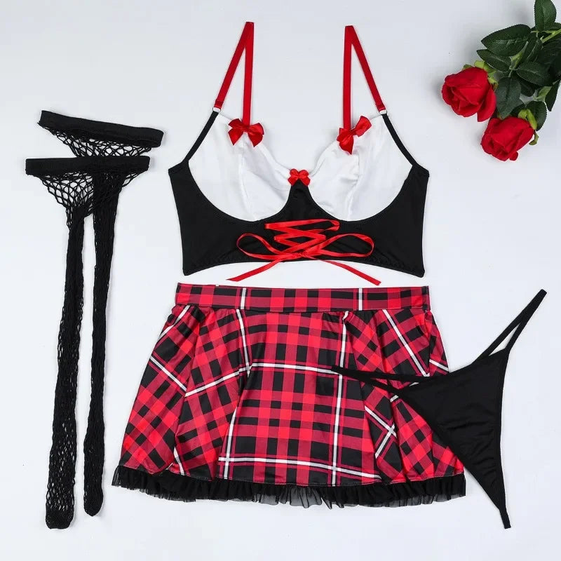 Toucheart 4 Piece Set Lingerie Suit Bow Knot Contrast Color Fishnet Stockings Uniform Set Lace Ruched Skirt Suit