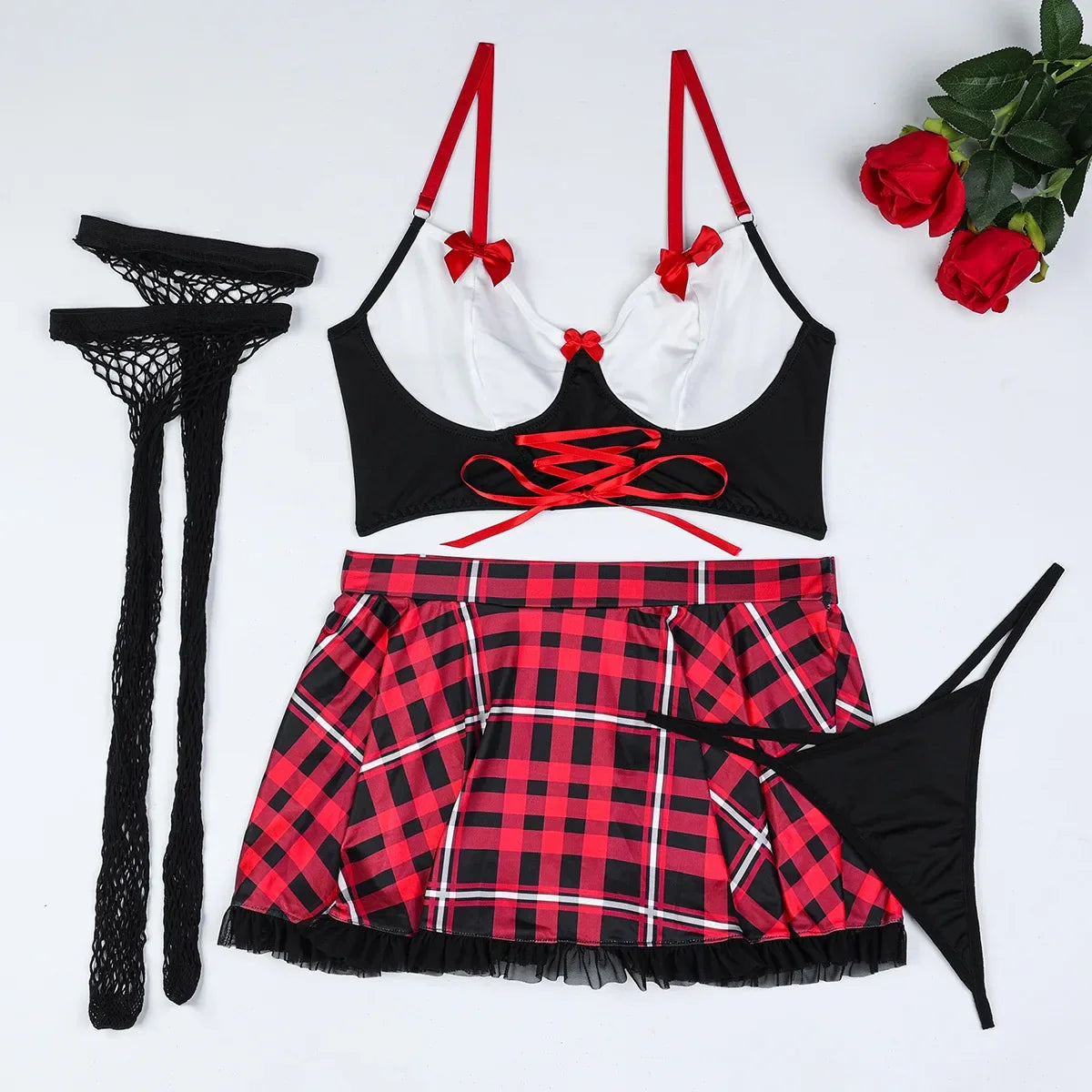 Toucheart 4 Piece Set Lingerie Suit Bow Knot Contrast Color Fishnet Stockings Uniform Set Lace Ruched Skirt Suit
