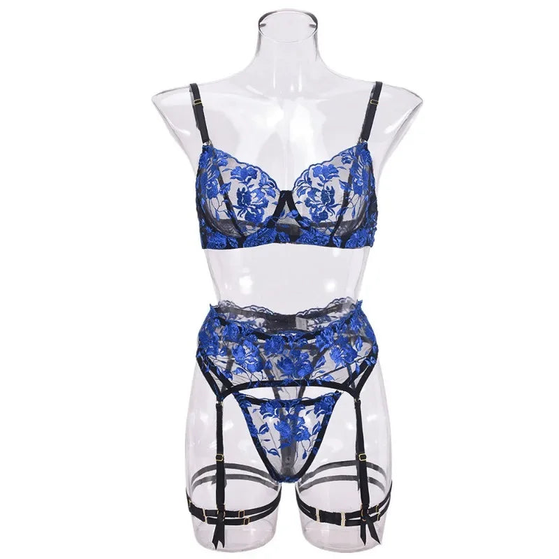 Toucheart 4 Piece Set Lingerie See-Through Contrasting Color Mesh Embroidered Bra Temptation Garters Underwear Set