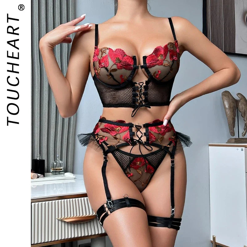 Toucheart 4-Piece Lingerie Set Embroidered Flower Straps Cross Mesh Lace Up Bra Garters Set
