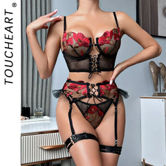 Toucheart 4-Piece Lingerie Set Embroidered Flower Straps Cross Mesh Lace Up Bra Garters Set