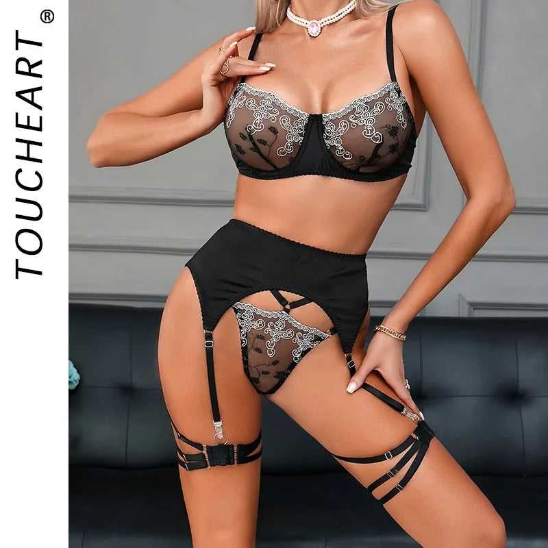 Toucheart 4PCS Lace Embroidery Flowers Underwear Garters Backless Wrap Dress Plunge Set