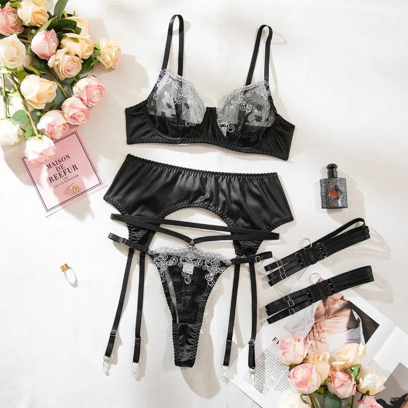 Toucheart 4PCS Lace Embroidery Flowers Underwear Garters Backless Wrap Dress Plunge Set