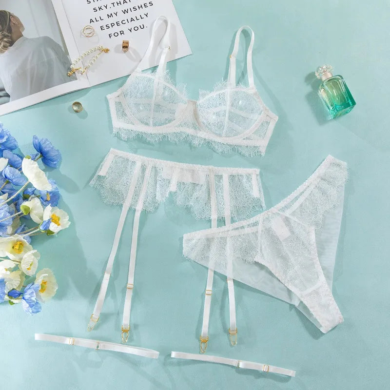 Toucheart 4PCS Lace Floral See-through Underwear Garters Exposed Navel Underwear Set