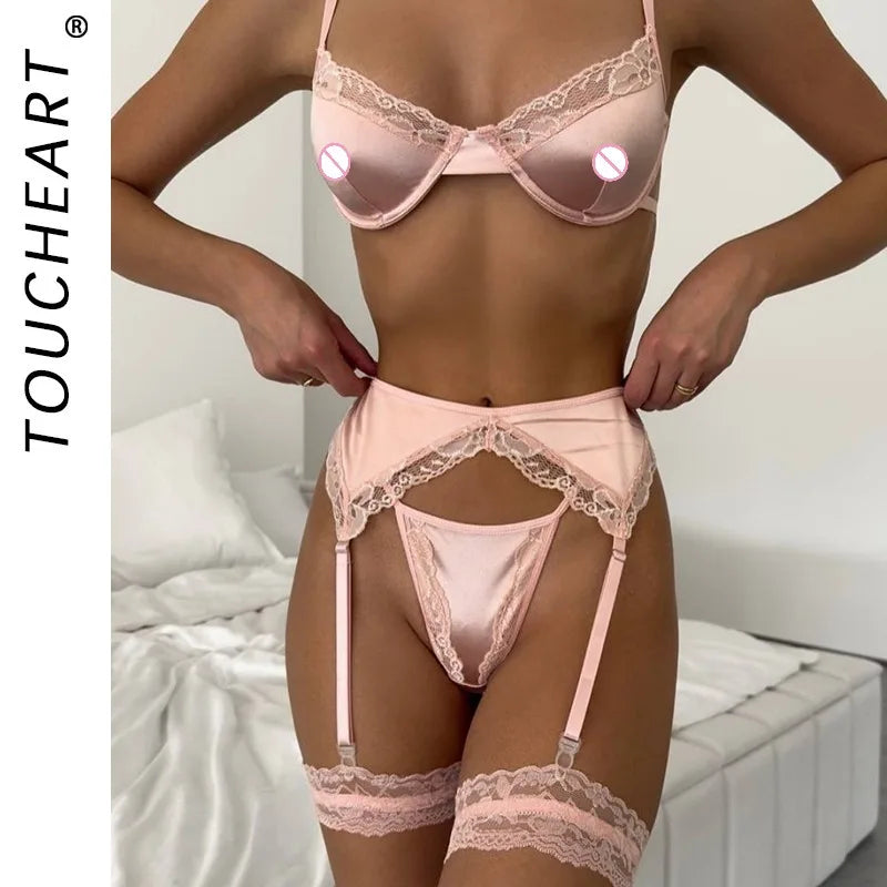 Toucheart 4PCS Underwear Thong Set Slim Backless Lace Up  Floral Mesh Underwear Set