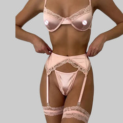 Toucheart 4PCS Underwear Thong Set Slim Backless Lace Up  Floral Mesh Underwear Set