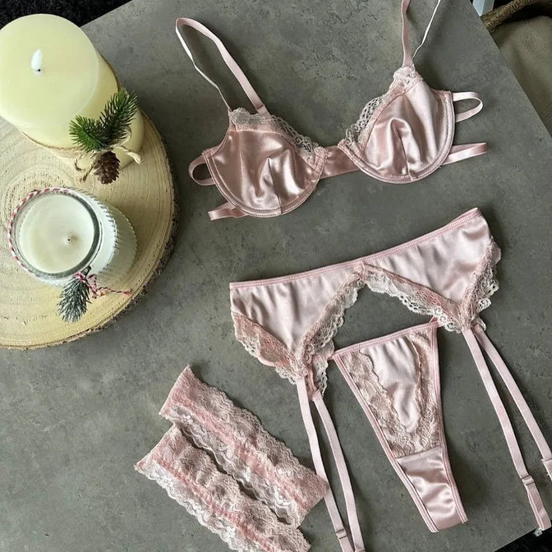 Toucheart 4PCS Underwear Thong Set Slim Backless Lace Up  Floral Mesh Underwear Set