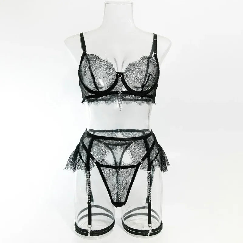 Toucheart 5 Piece Set Metal Chain Lace Bra Set See-through Lingerie Solid Color Lace Mesh Garter Belt Underwear Set