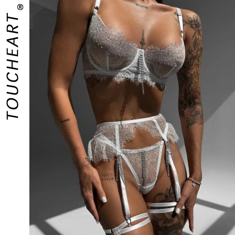 Toucheart 5 Piece Set Metal Chain Lace Bra Set See-through Lingerie Solid Color Lace Mesh Garter Belt Underwear Set