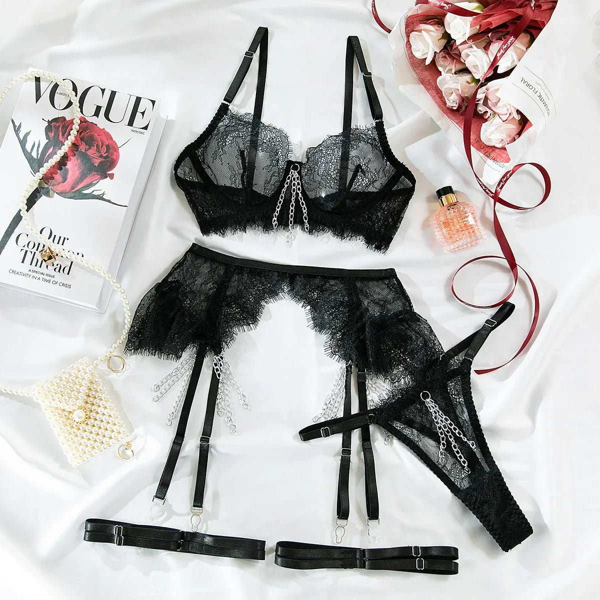 Toucheart 5 Piece Set Metal Chain Lace Bra Set See-through Lingerie Solid Color Lace Mesh Garter Belt Underwear Set