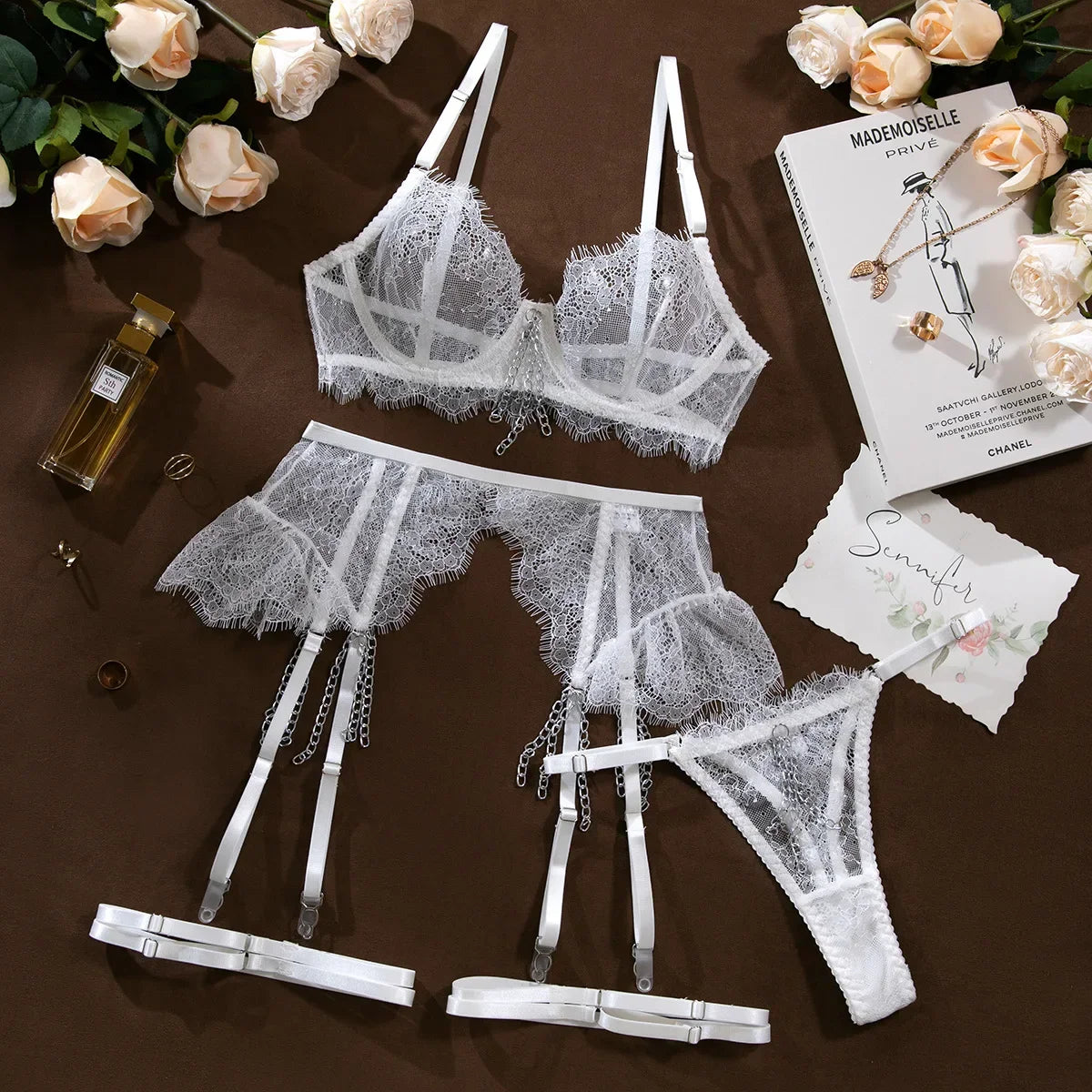 Toucheart 5 Piece Set Metal Chain Lace Bra Set See-through Lingerie Solid Color Lace Mesh Garter Belt Underwear Set