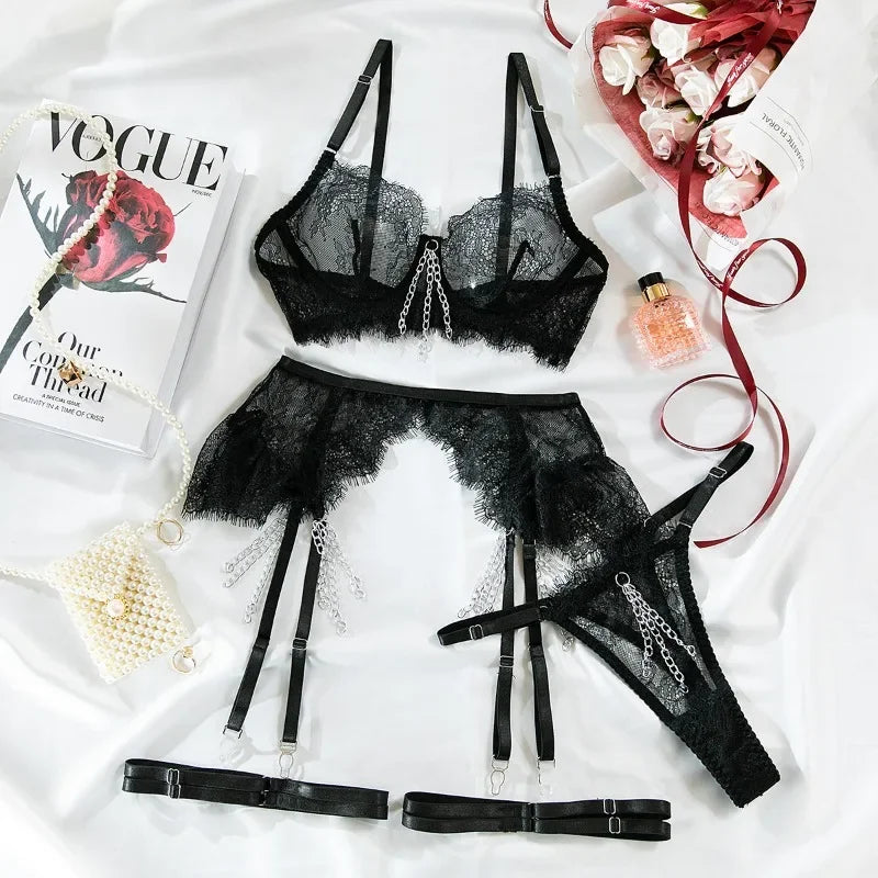 Toucheart 5 Piece Set Metal Chain Lace Bra Set See-through Lingerie Solid Color Lace Mesh Garter Belt Underwear Set