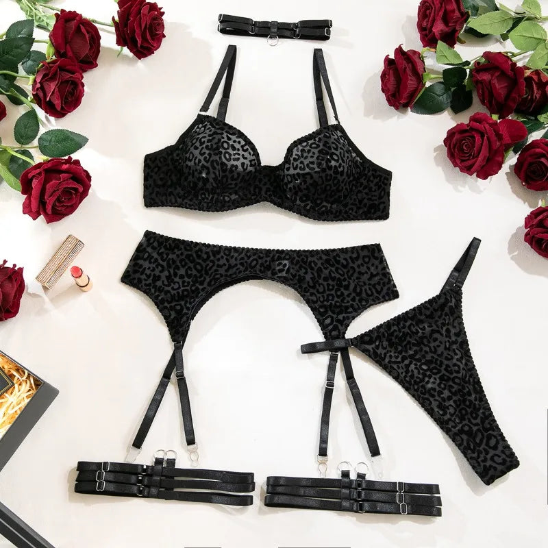 Toucheart 5-Piece Suit Underwear Suit Flocked Leopard Printable Lingerie Perspective Underwear