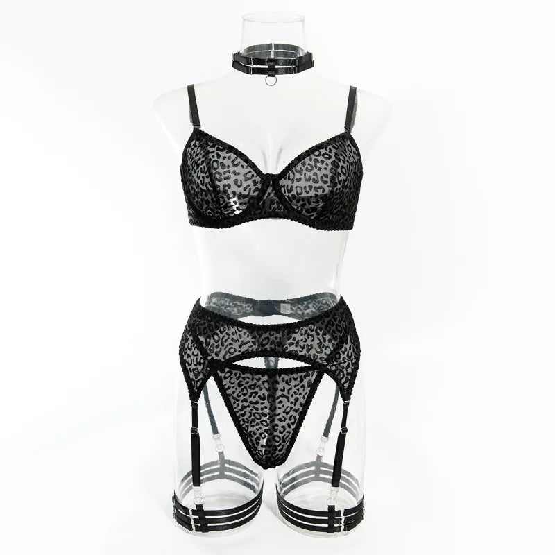 Toucheart 5-Piece Suit Underwear Suit Flocked Leopard Printable Lingerie Perspective Underwear
