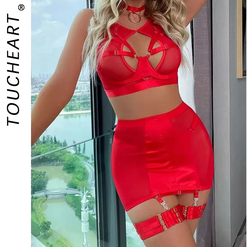 Toucheart 5-Pieces Erotic Lingerie Hip Skirt Mesh See-Through Lure Garters Underwear Suit