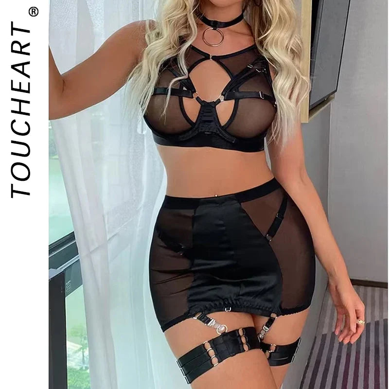 Toucheart 5-Pieces Erotic Lingerie Hip Skirt Mesh See-Through Lure Garters Underwear Suit