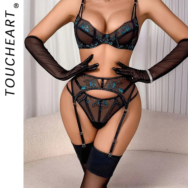 Toucheart 5PCS Lace Embroidery Floral See-through Underwear Slim Backless Mesh Set