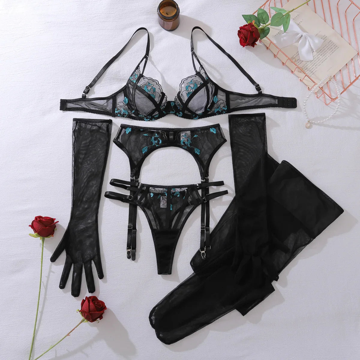 Toucheart 5PCS Lace Embroidery Floral See-through Underwear Slim Backless Mesh Set