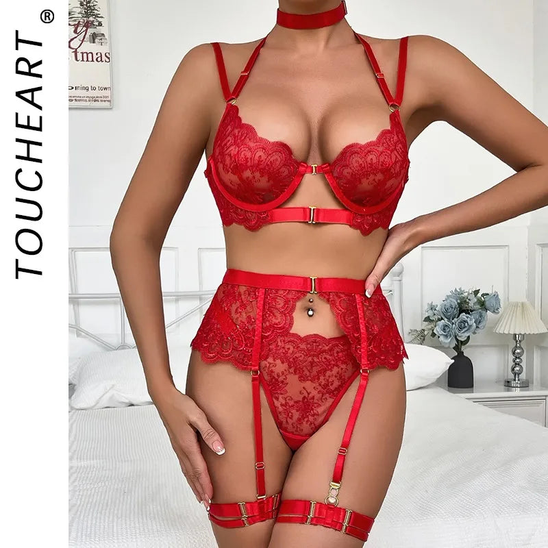 Toucheart 5PCS Mesh Embroidery  Floral Underwear Panty Slim Exposed Navel See-through Underwear Set
