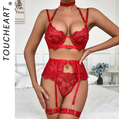 Toucheart 5PCS Mesh Embroidery  Floral Underwear Panty Slim Exposed Navel See-through Underwear Set